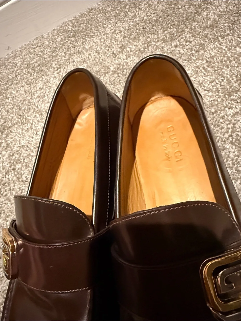 Gucci Dark Brown Leather Buckle Loafers